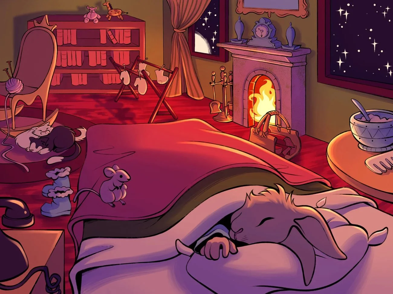 A redraw of a page from "Goodnight Moon", this illustration is warm and cozy with a hint of whimsy. The main character in the children's book (the bunny) is asleep in bed, as are the two cats. The only awake figure is the little mouse who is perched 