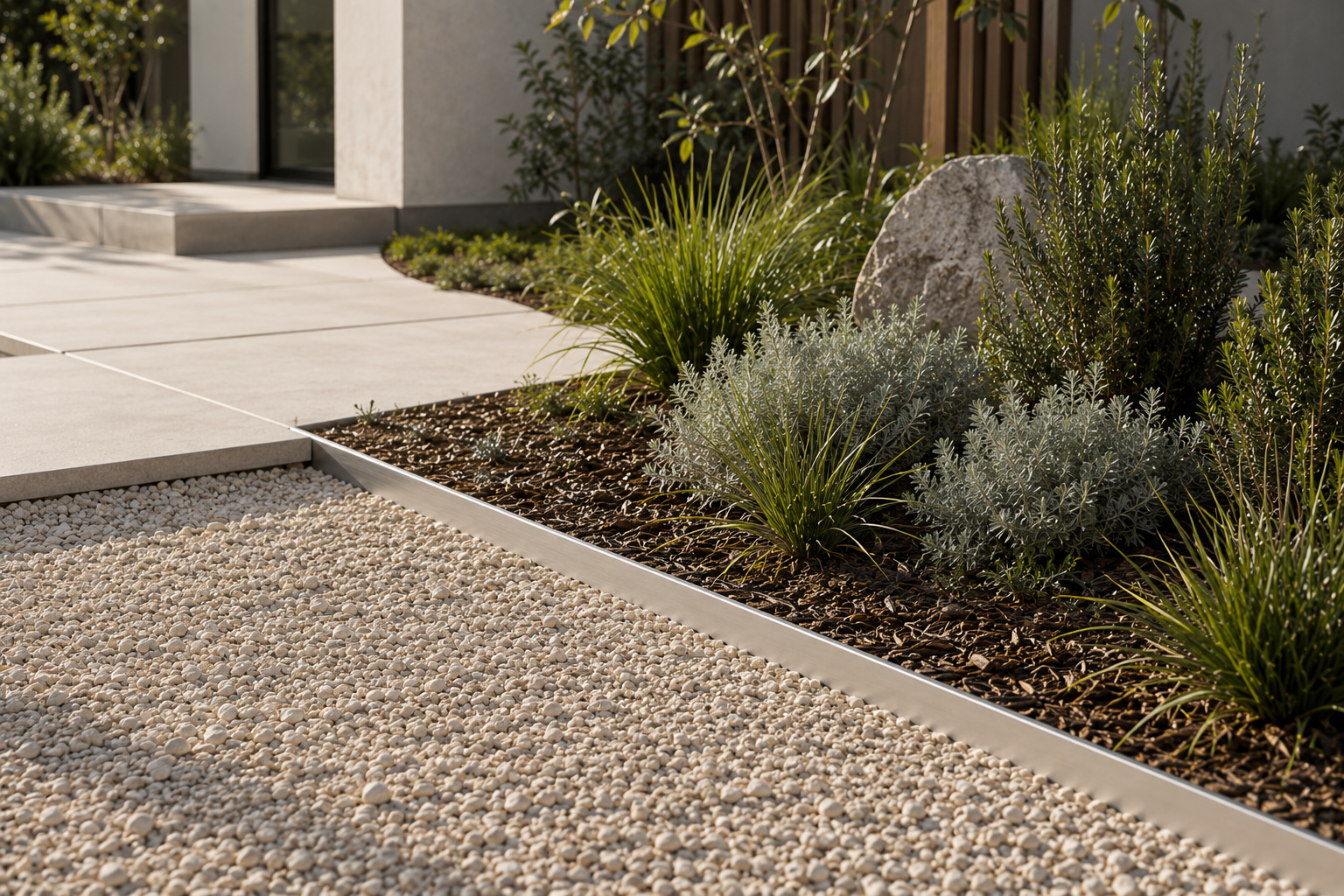 Aluminium garden edging between paving, gravel and landscaped planting