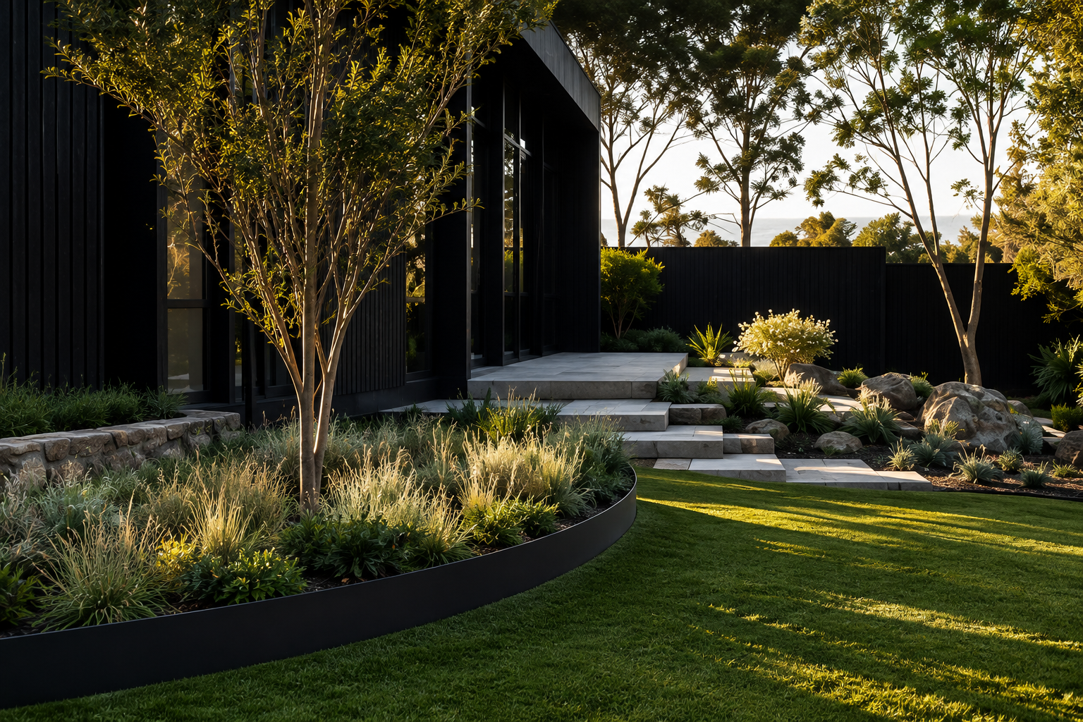 Aluminium garden bed edging defining planting and landscaped garden beds