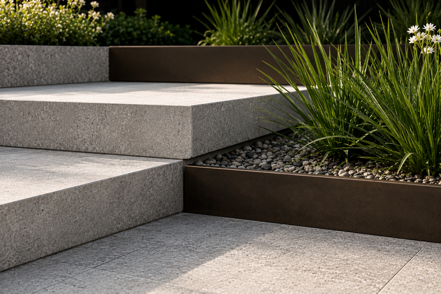 Aluminium garden edging creating a clean transition beside a driveway and landscaped garden