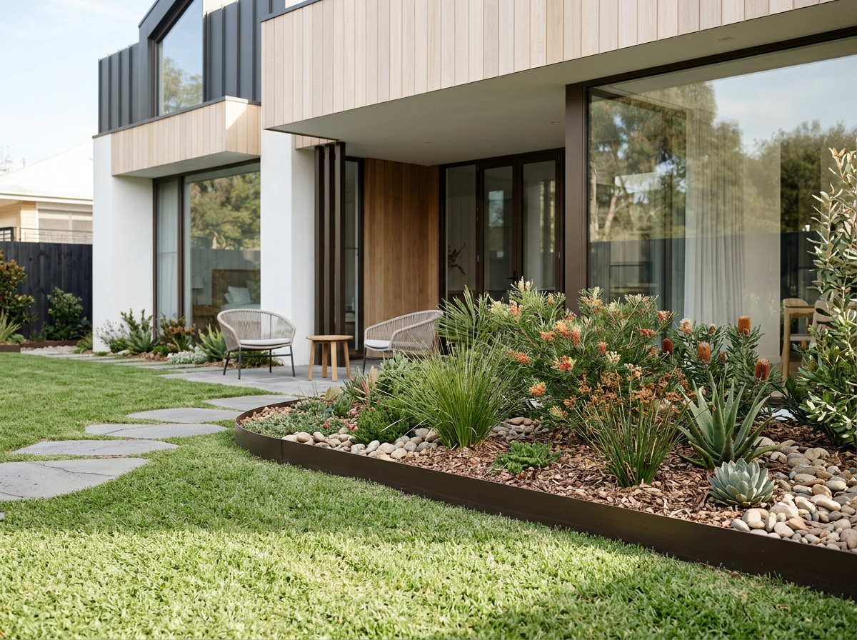 Curved aluminium landscape edging forming a raised garden bed beside a modern home