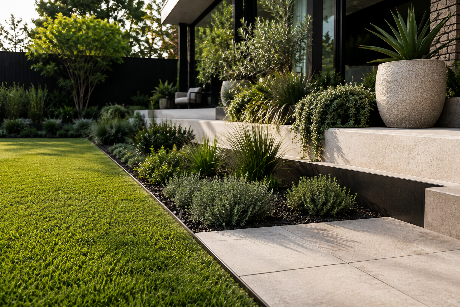 Hedge aluminium garden edging defining lawn, planting and paving in a contemporary landscape
