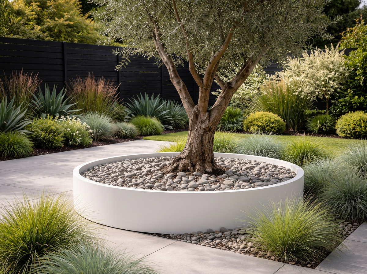 Aluminium tree surround edging defining a landscaped area around a tree