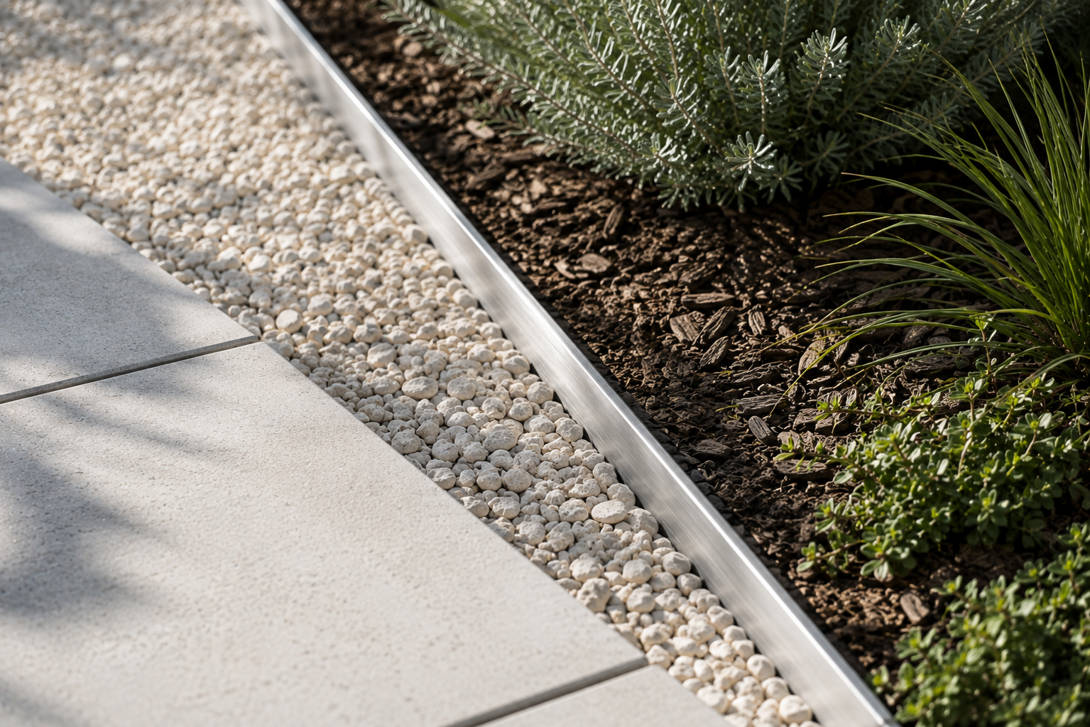 Aluminium garden edging between paving, gravel and landscaped planting