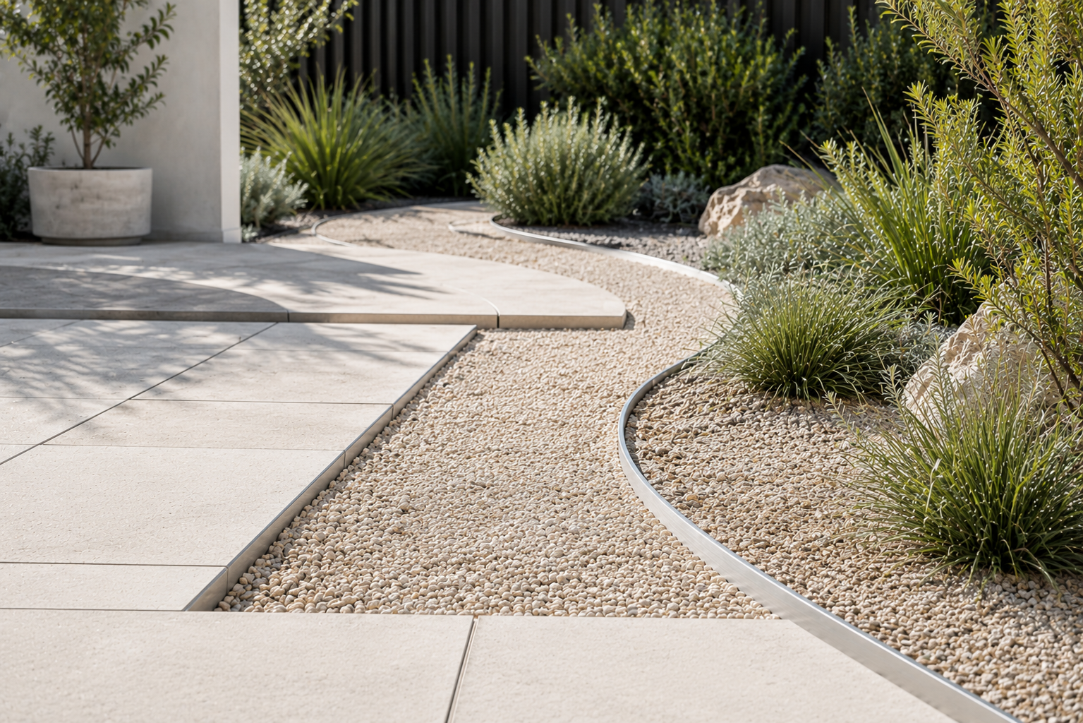 Aluminium garden edging forming straight lines and smooth curves through a landscape