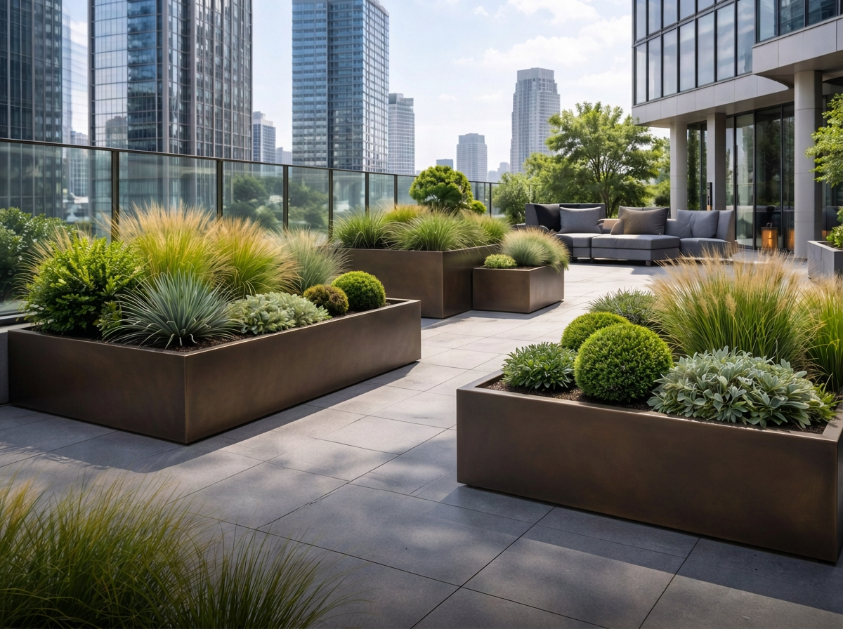 Architectural aluminium landscape edging used in raised rooftop garden beds