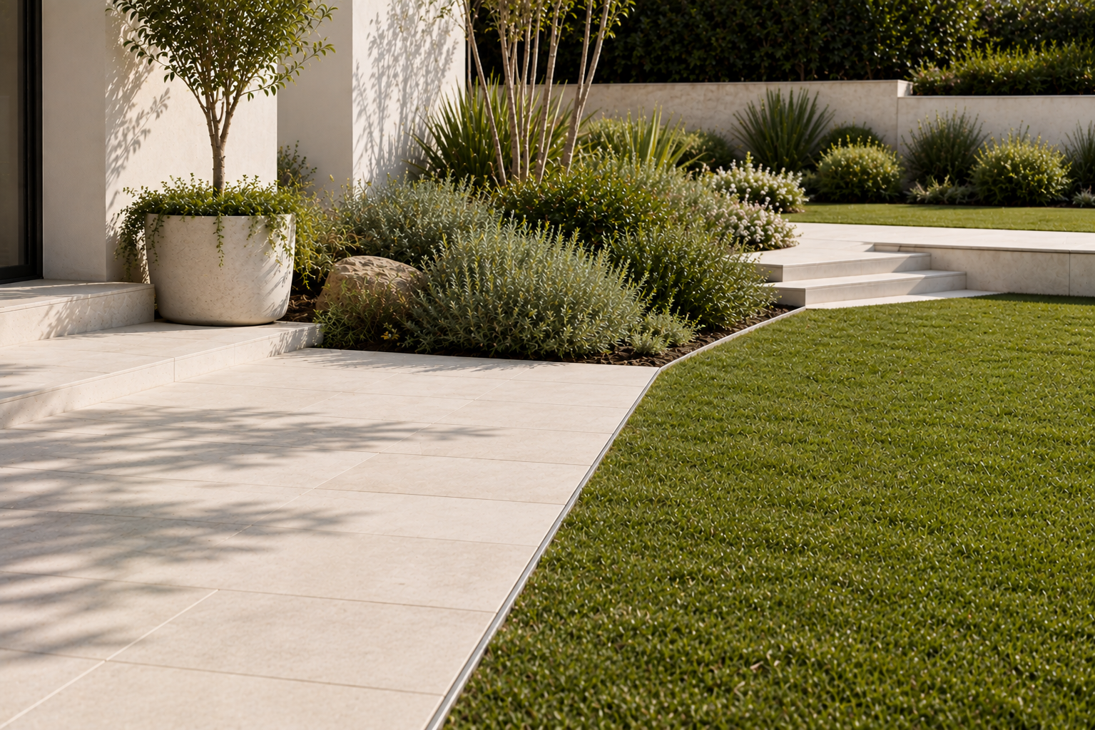 Aluminium garden edging used at different heights within a landscaped garden
