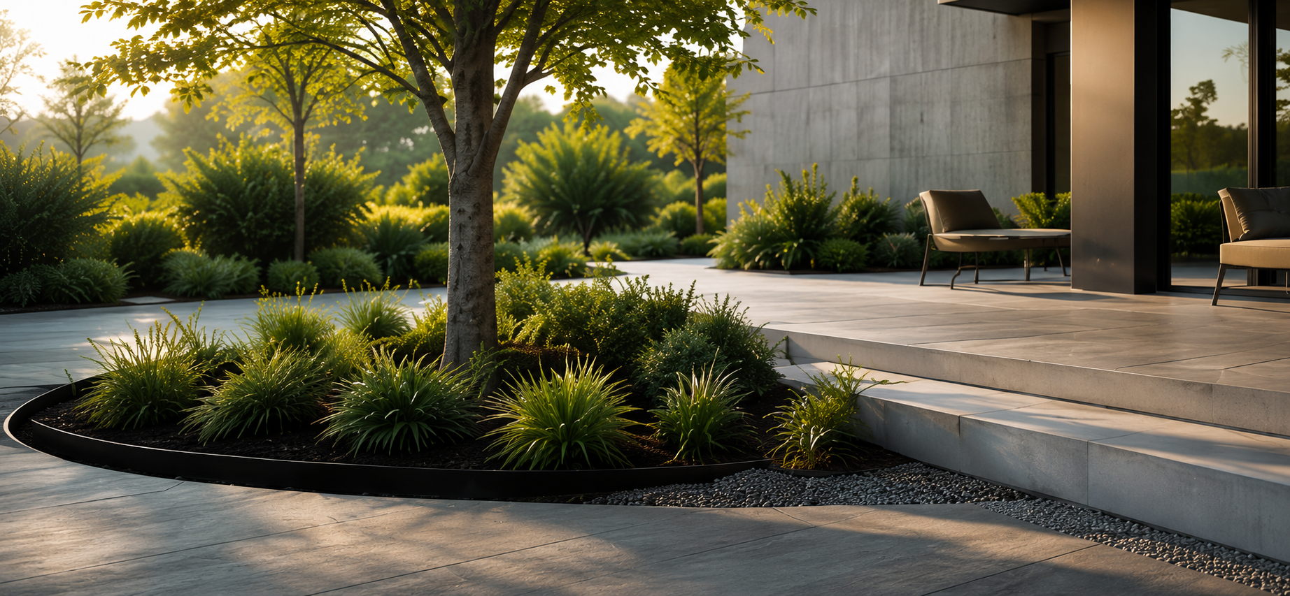 Modern landscaped garden with aluminium edging defining planting beds and paved areas