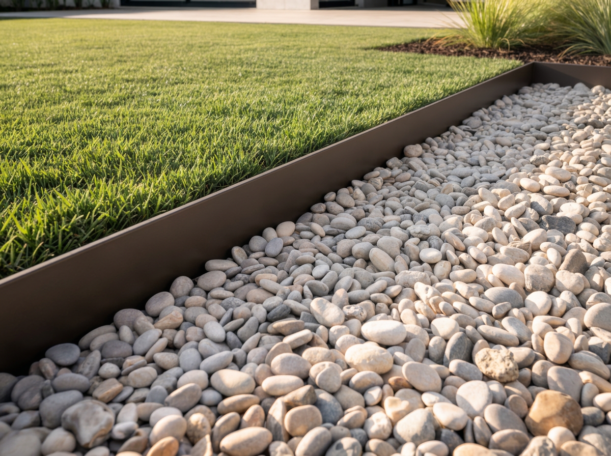 Aluminium garden edging separating a gravel pathway from landscaped planting