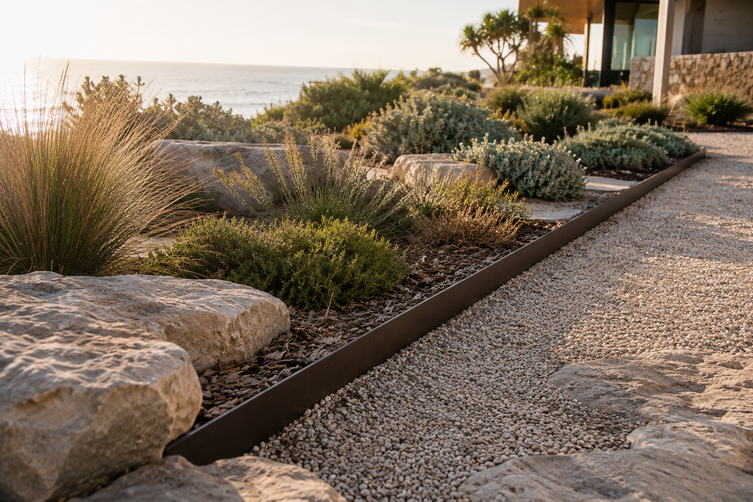 Aluminium garden edging in an established coastal Australian landscape