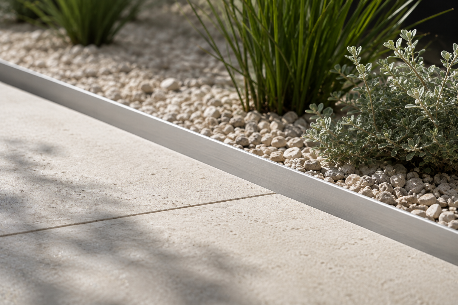 Aluminium garden edging separating lawn and landscaped garden bed