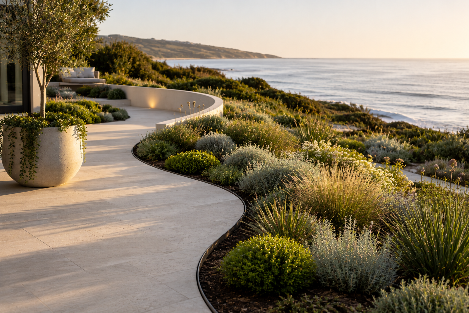 Curved aluminium garden edging creating a smooth landscaped garden border