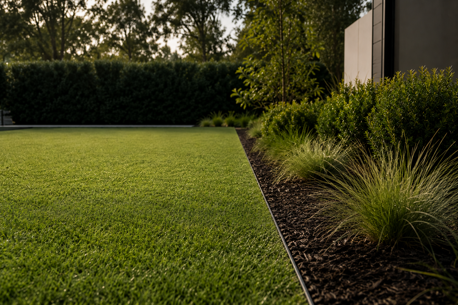 Aluminium lawn edging separating grass and landscaped garden bed