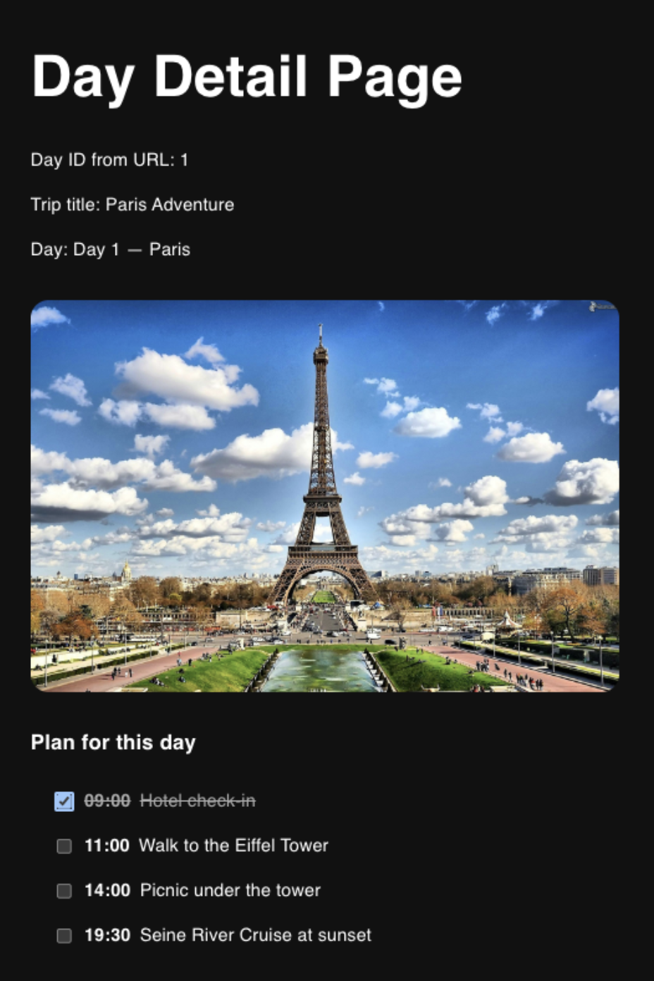 screenshot of day detail page