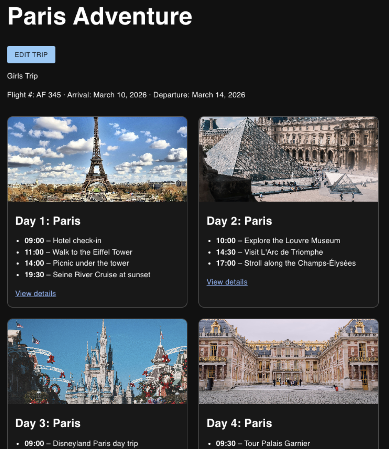 screenshot of trip dashboard