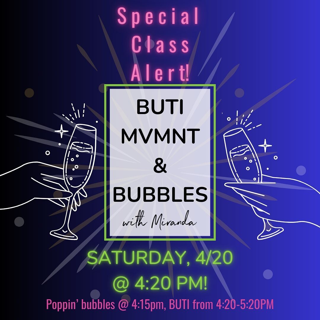 What are YOU doing on 4/20?😜 Join @salvyyogi for our special class of BUTI MVMNT &amp; Bubbles 🥂

BUTI MVMNT formats incorporate functional movement, cardio dance, and targeted strength training to transform your mind, body &amp; spirit💪🏼

Come b