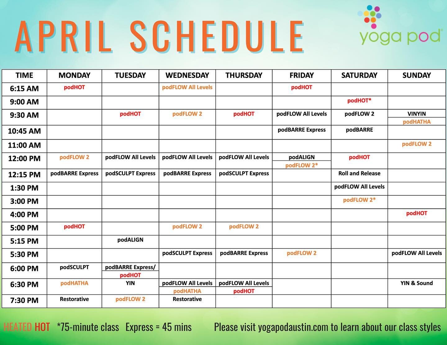 Our April schedule is rolling out on Monday!🤩 Be sure to look out for some tweaks &amp; time changes😇

Come try our new hybrid class, podHATHA, for the month of April! This class is a special blend of our popular podHOT and podFLOW All Levels. Let 