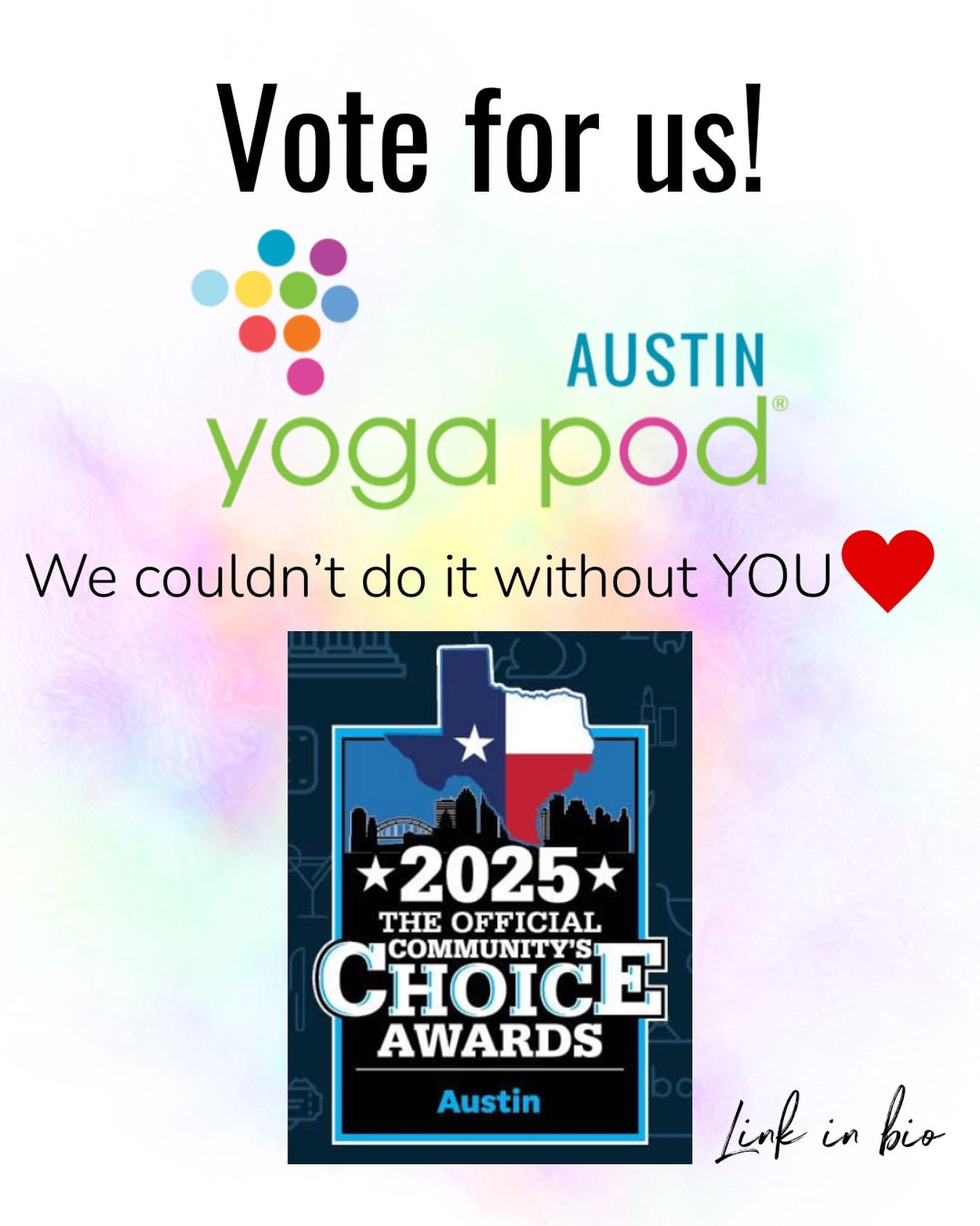 Link in bio to give us a VOTE for Best of Austin Yoga Studio💕

👉You can vote once per day!!

You are the reason we are here, so this is our THANKS to you!!😇