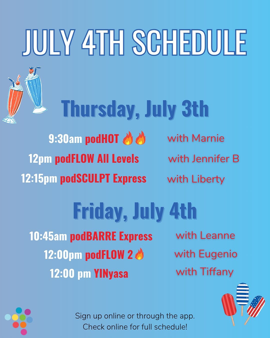 Check out our July 4th schedule and sign up now while there&rsquo;s still space!💙 Weekend classes resume as normal. 

And check out our 6 month sale - our BEST SALE of the year!! Buy before June 30th for $99.8/month unlimited. 

Email us at info@yog