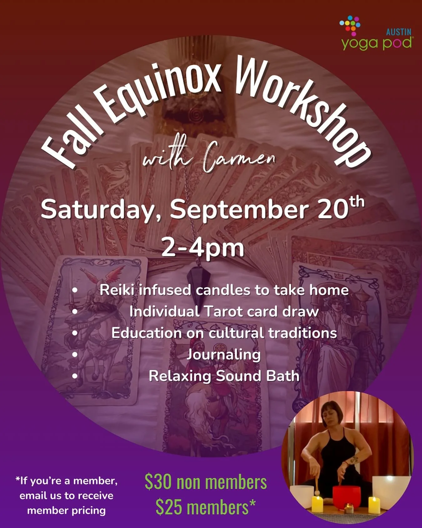 As the Fall Equinox arrives, it signals a shift from outward, active energy to a more inward, reflective state as we prepare for a more restful season.
 
In this workshop, we&rsquo;ll set our intentions with the help of ritual, sound, candles and tar