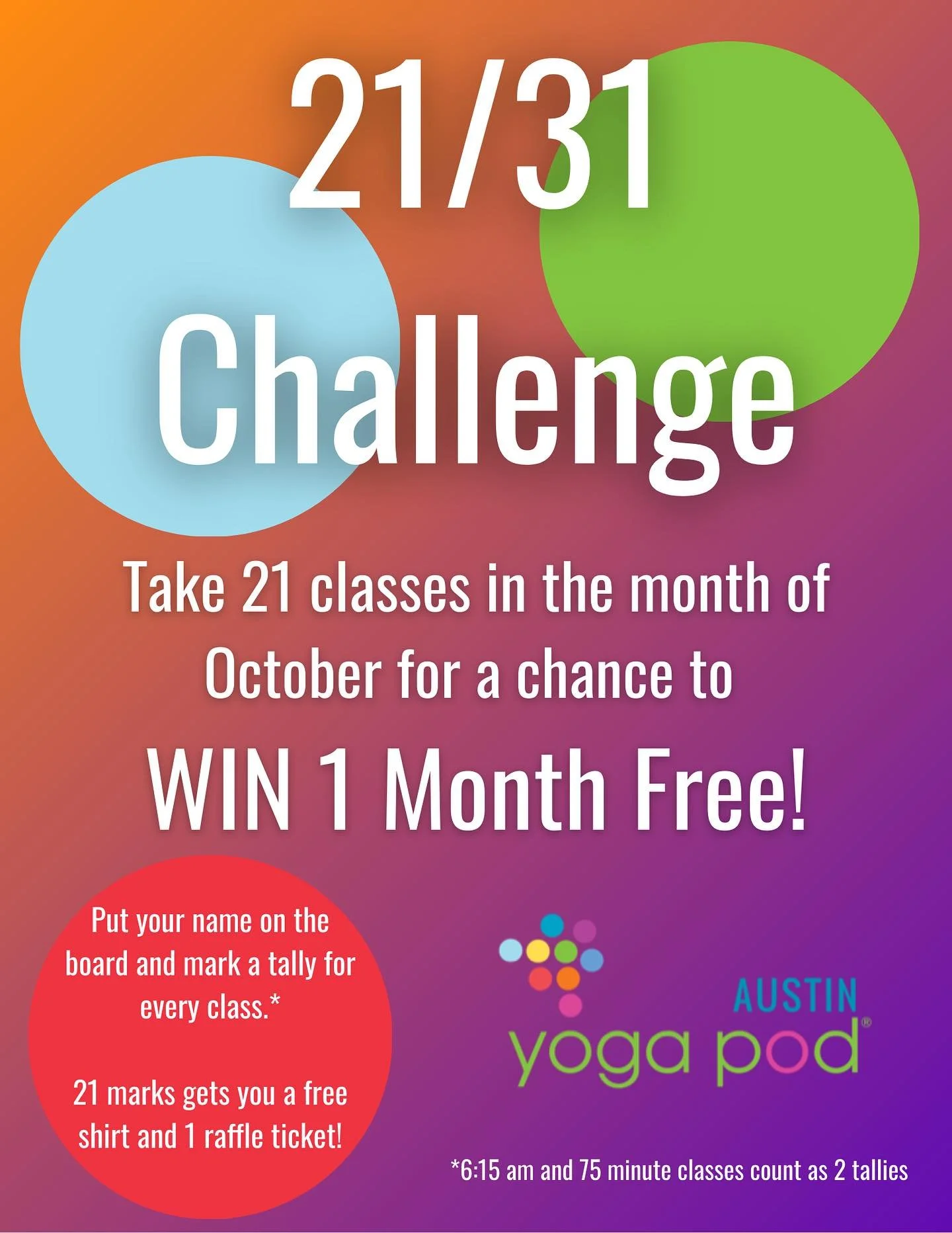 Are you ready for October.🍁🎃 Join our 21/31 Challenge by taking 21 classes in 31 days from October 1-31. Mark your progress on our community board and enter to win 1 month of free classes! 💫 Challenge begins in 1 week🥳