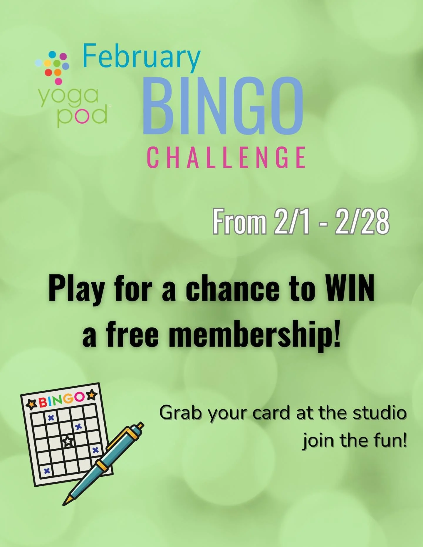 Our February BINGO challenge is back!!🫶✨ Help us ring in 8 wonderful years of Yoga Pod Austin. Swipe to see a sneak peak of this year&rsquo;s BINGO card and grab your card in the studio to start marking them down!

Challenge starts on Sunday. See yo