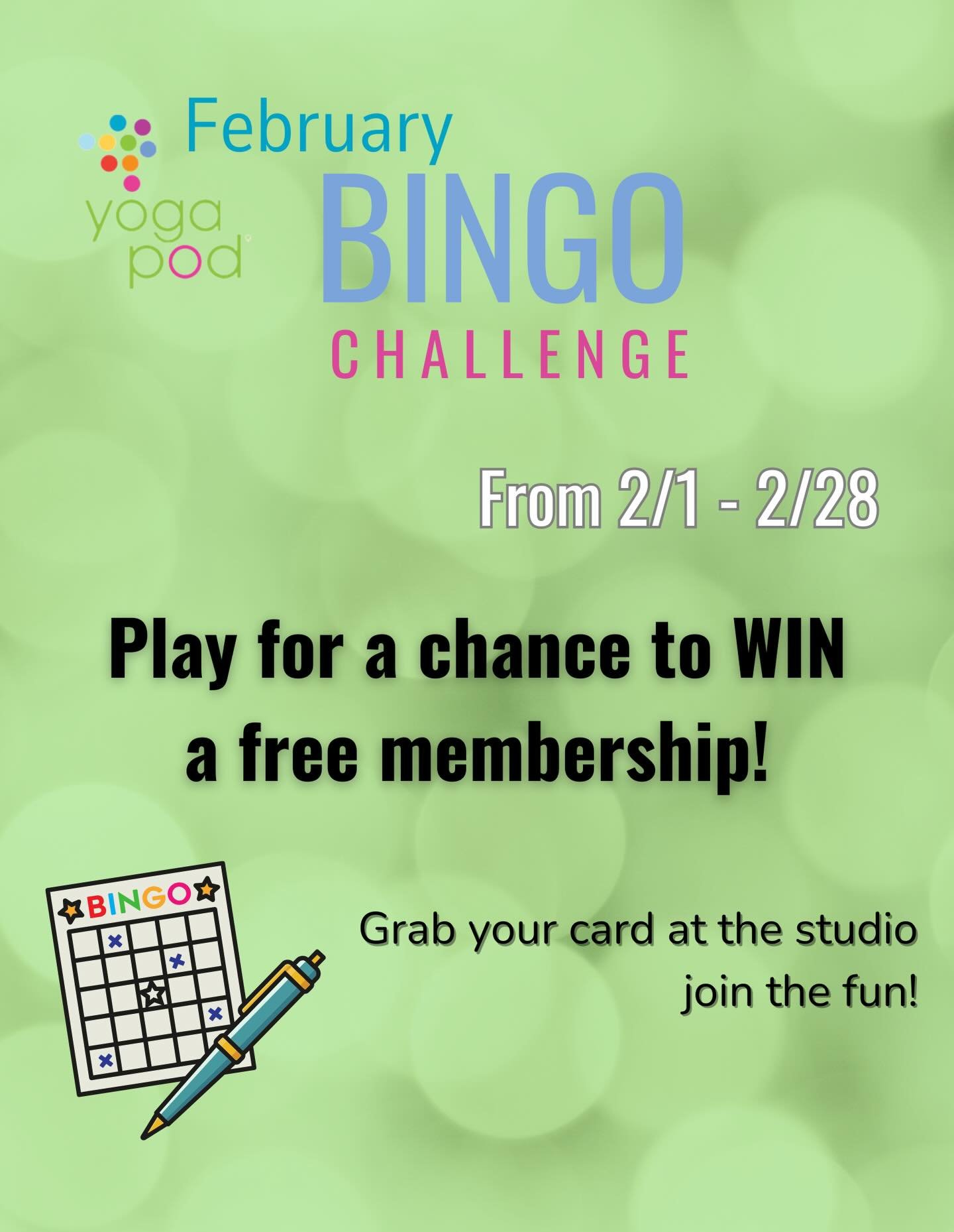 Our February BINGO challenge is back!!🫶✨ Help us ring in 8 wonderful years of Yoga Pod Austin. Swipe to see a sneak peak of this year&rsquo;s BINGO card and grab your card in the studio to start marking them down!

Challenge starts on Sunday. See yo