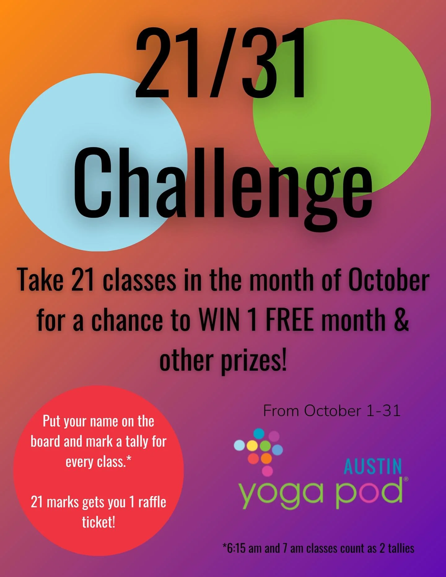 Get ready for October y&rsquo;all (How is it already around the corner??) 💪 

It may still be annoyingly hot, but take 21 classes in the month of October for a chance to win 1 month free and other sweet prizes!

Put your name on the board to track y