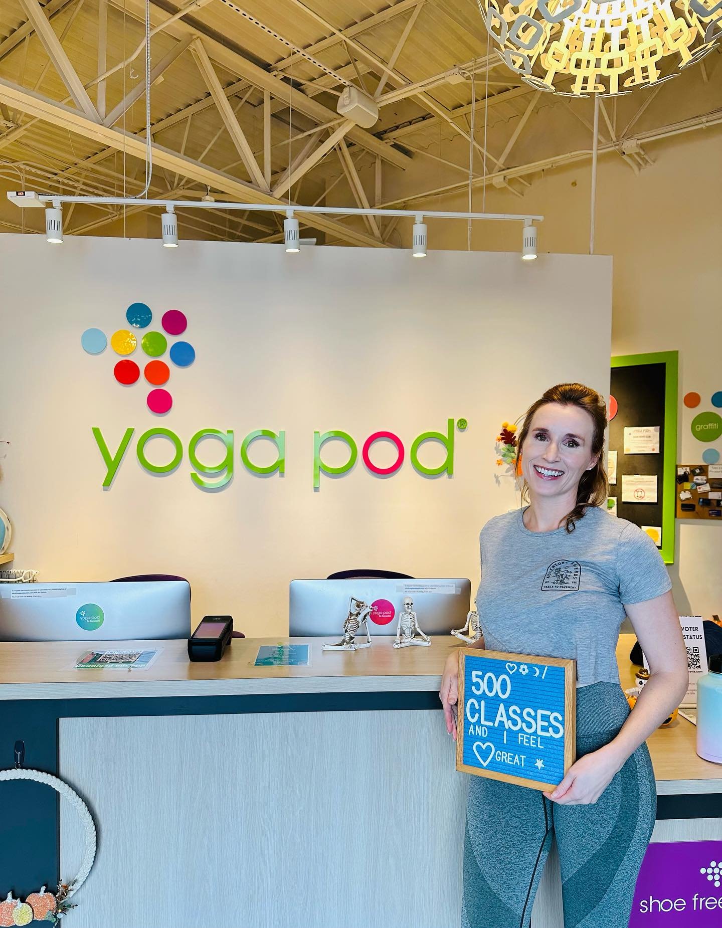 Our girl Shelley just hit 500 classes at Yoga Pod👏 Way to go!! If you are curious about how many classes you&rsquo;ve taken, feel free to ask us next time you&rsquo;re in the studio. We love celebrating amazing milestones with you 😊💚