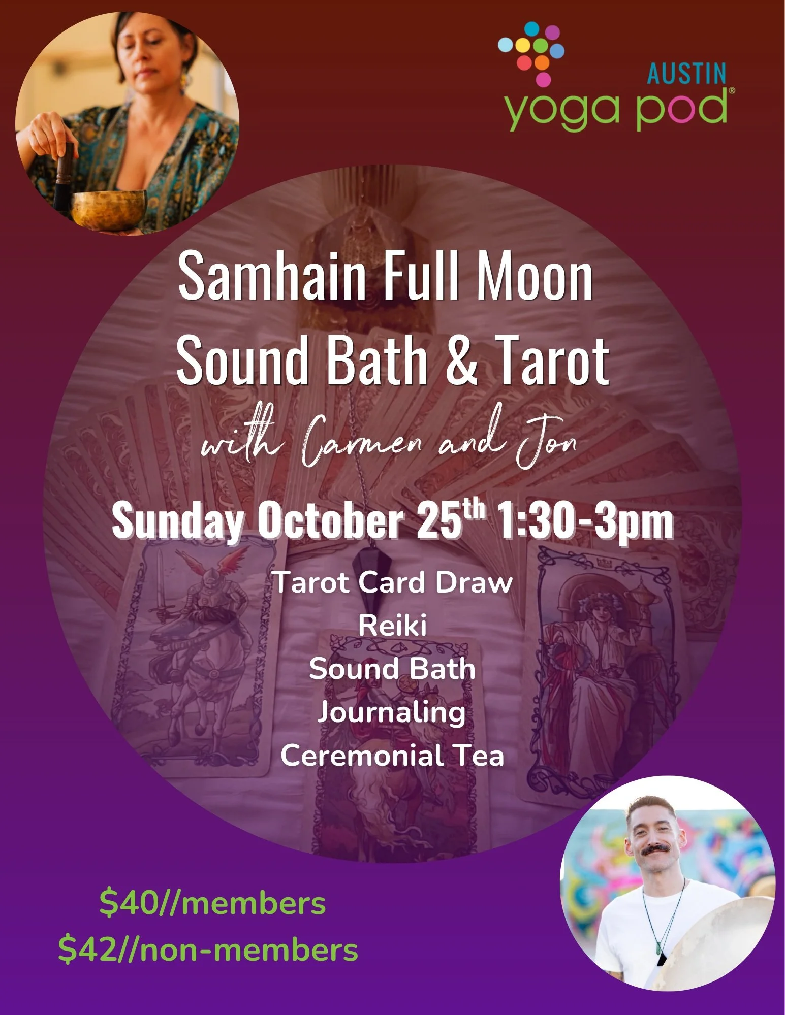 This Sunday 🍂 Celebrate the crisp fall air and full moon with tarot, sound healing, reiki, and more. Bring a journal, and (optional) a photo of an ancestor with you to place by the altar. Link in bio to sign up!