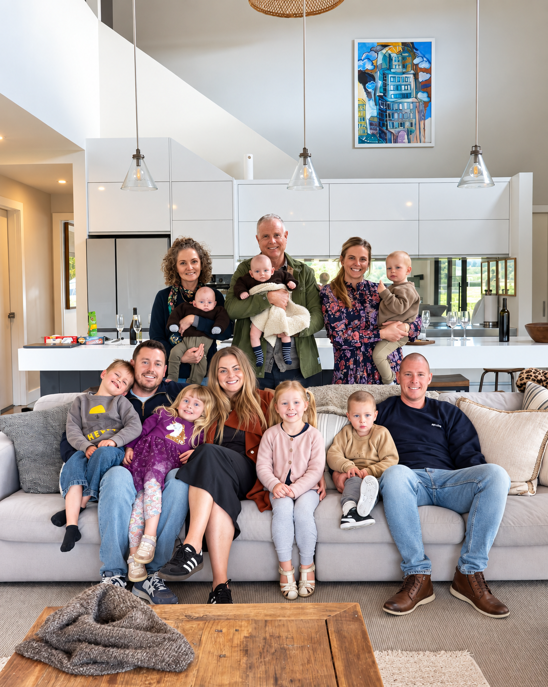 Family portrait in a modern living room, including adults and children, with a kitchen in the background and colorful artwork on the wall.