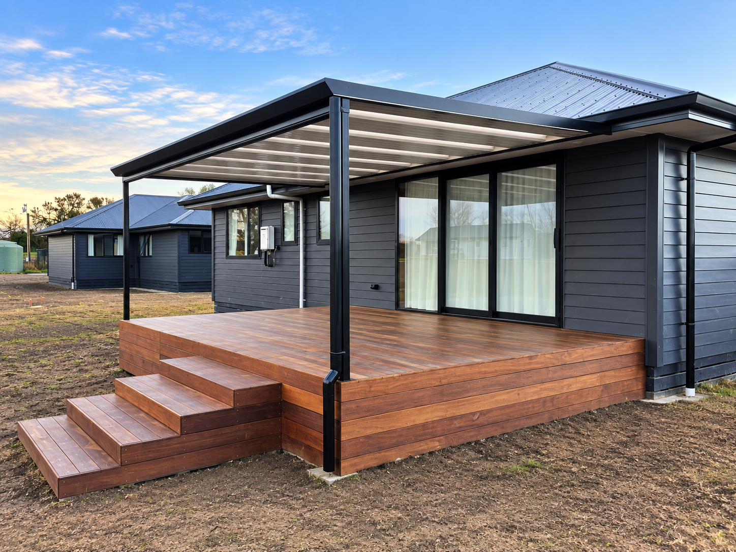 Newly built dark gray house with a wooden deck and stairs in the backyard, under a partly cloudy sky.