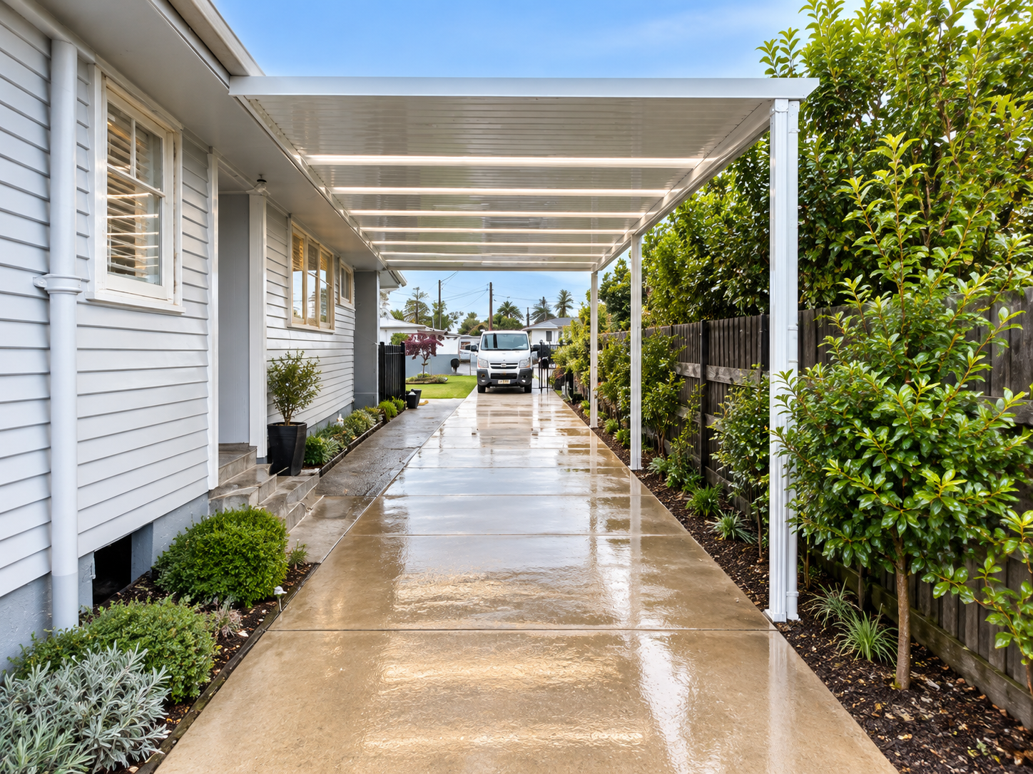 A wet concrete driveway with a white house on the left and a black wooden fence on the right. There is a car parked near the end of the driveway, with trees and utility poles visible in the background under a partly cloudy sky.