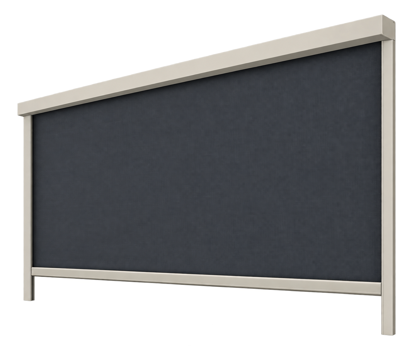 A large, grey fabric-covered office partition or privacy screen with a metal frame, standing on a white surface.