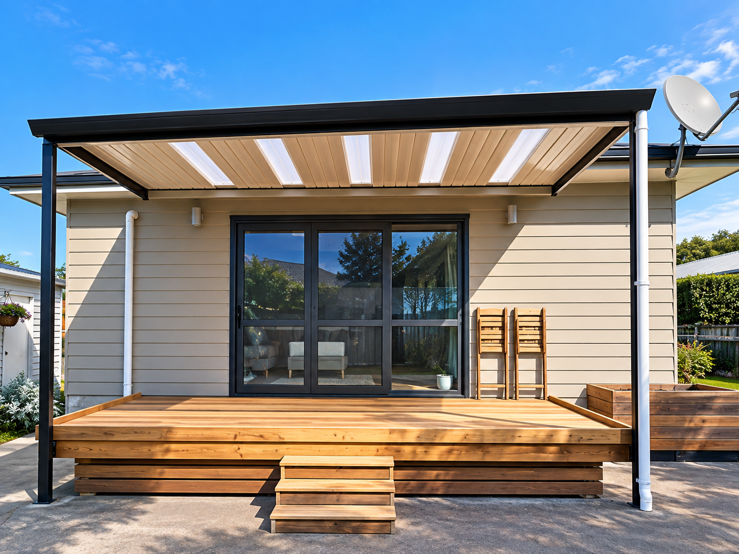 Backyard with wooden deck, sliding glass door, two chairs stacked against house wall, potted plant, and satellite dish under a awning, blue sky.