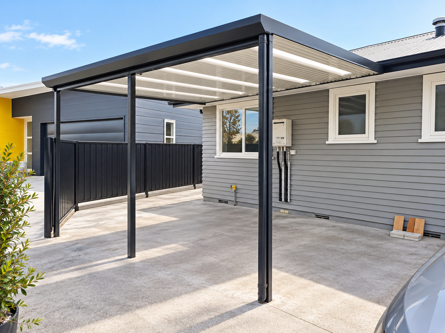 A modern house exterior with a grey and black color scheme, featuring a concrete patio area, a black metal fence, and a metal awning covering part of the patio.