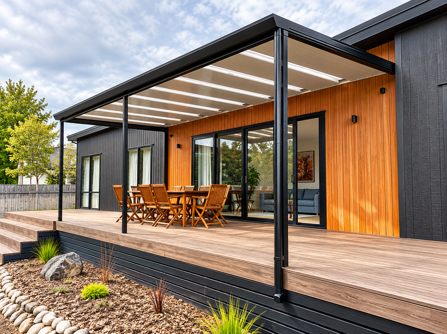 Modern house with wooden and black exterior, large sliding glass doors leading to a wooden patio with an outdoor dining table and chairs, landscaping with rocks and plants, and an overhang roof.