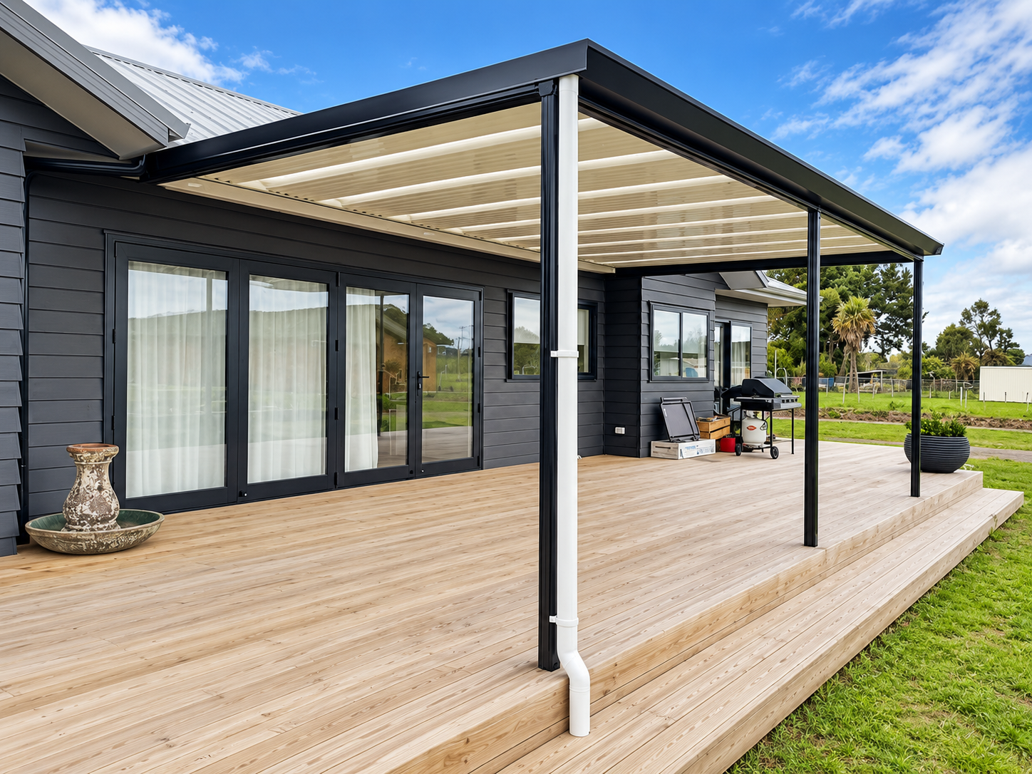 A modern house with a large wooden deck, black siding, sliding glass doors, and a covered patio area. The backyard features a lawn, a few trees, and a partly cloudy sky.