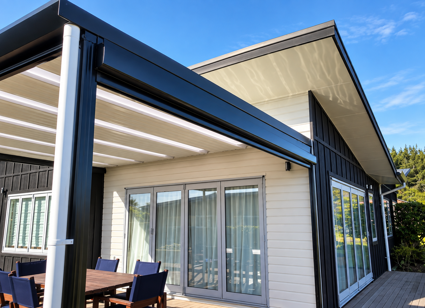 Modern house with large sliding glass doors, black and white exterior walls, and an outdoor patio with a dining table and chairs. The house features a curved roof and is surrounded by trees under a blue sky.