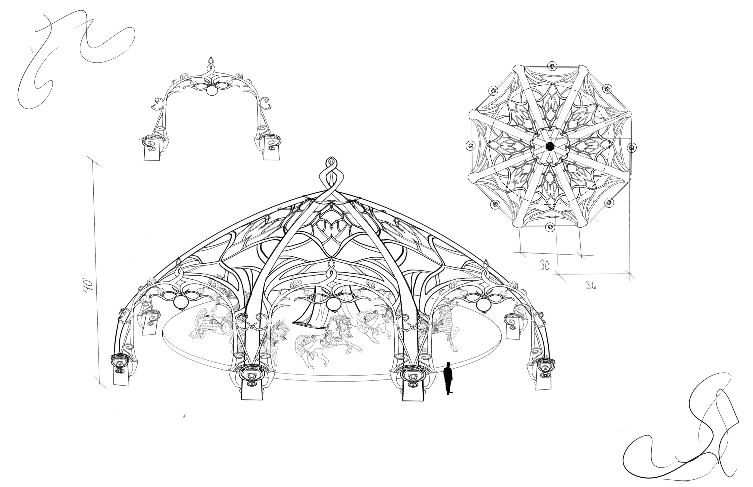 Elevations and concepts for an ornate carousel