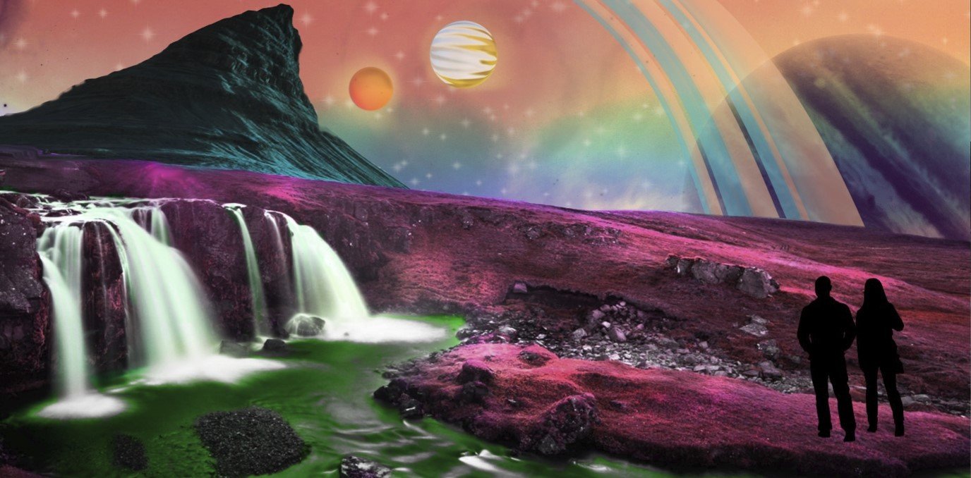 A Photoshop collage concept for a dark ride themed to "A Wrinkle in Time"