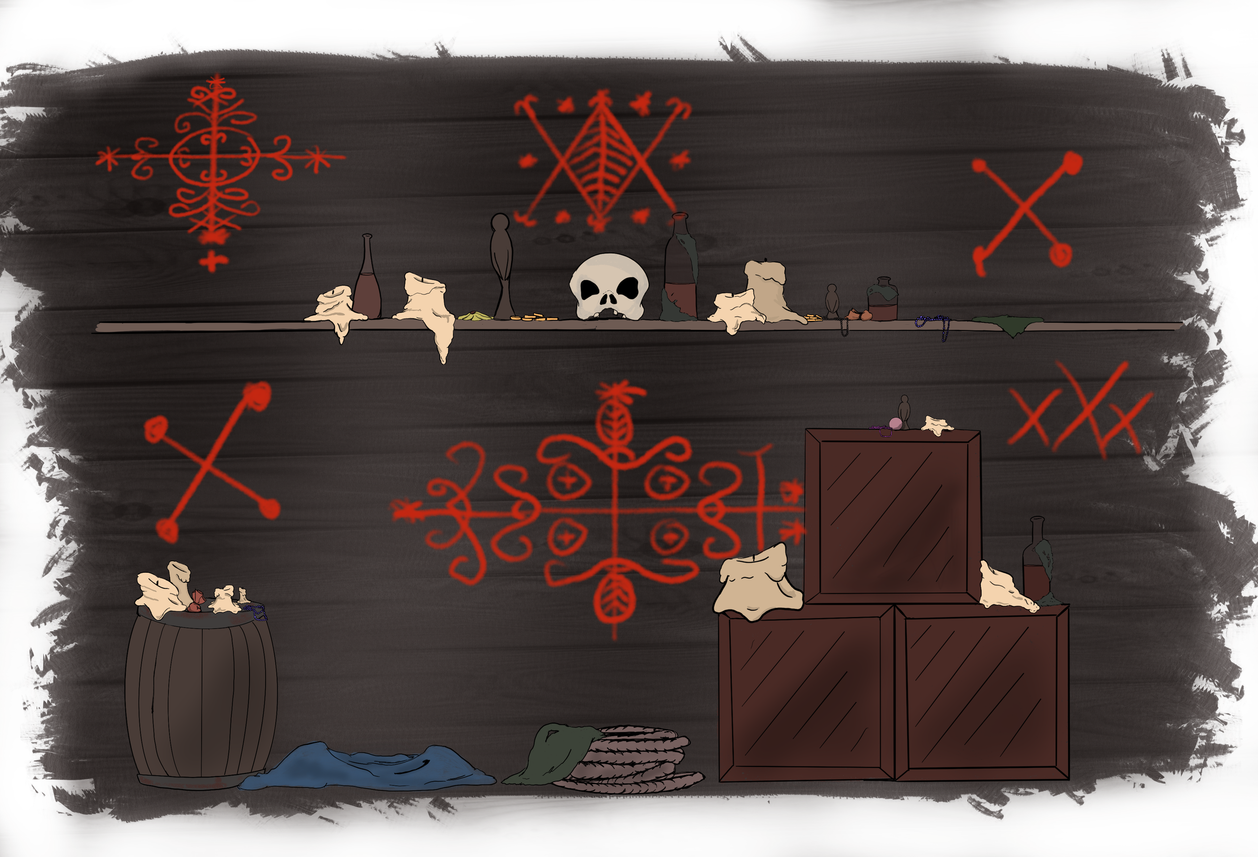 An elevation of a wall in a voodoo themed ride queue