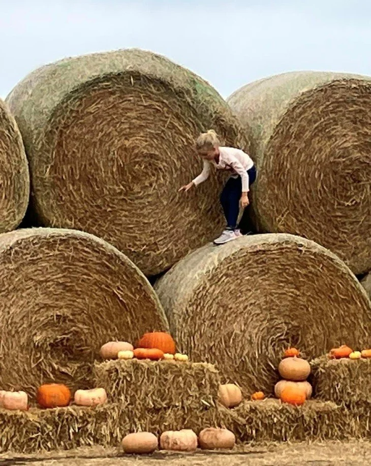 Kids climbing the hay bale pyramid