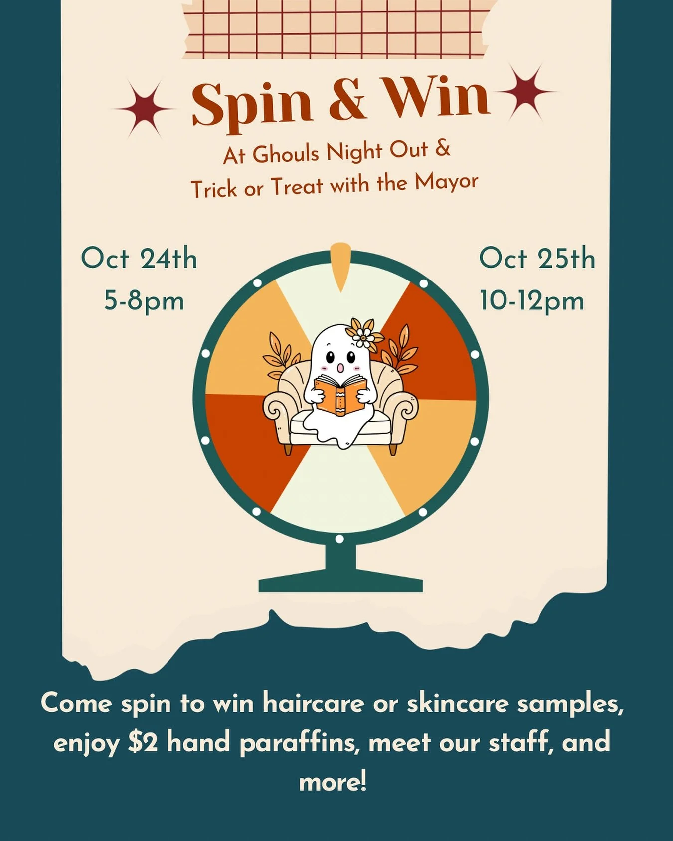 🎃 Spin &amp; Win at Verdant! 👻
We&rsquo;re joining in on Ghouls Night Out and Trick or Treat with the Mayor!

🌀 Come spin the wheel to win haircare or skincare samples
💅 Enjoy $2 hand paraffin dips
💚 Meet our team &amp; grab a little treat while