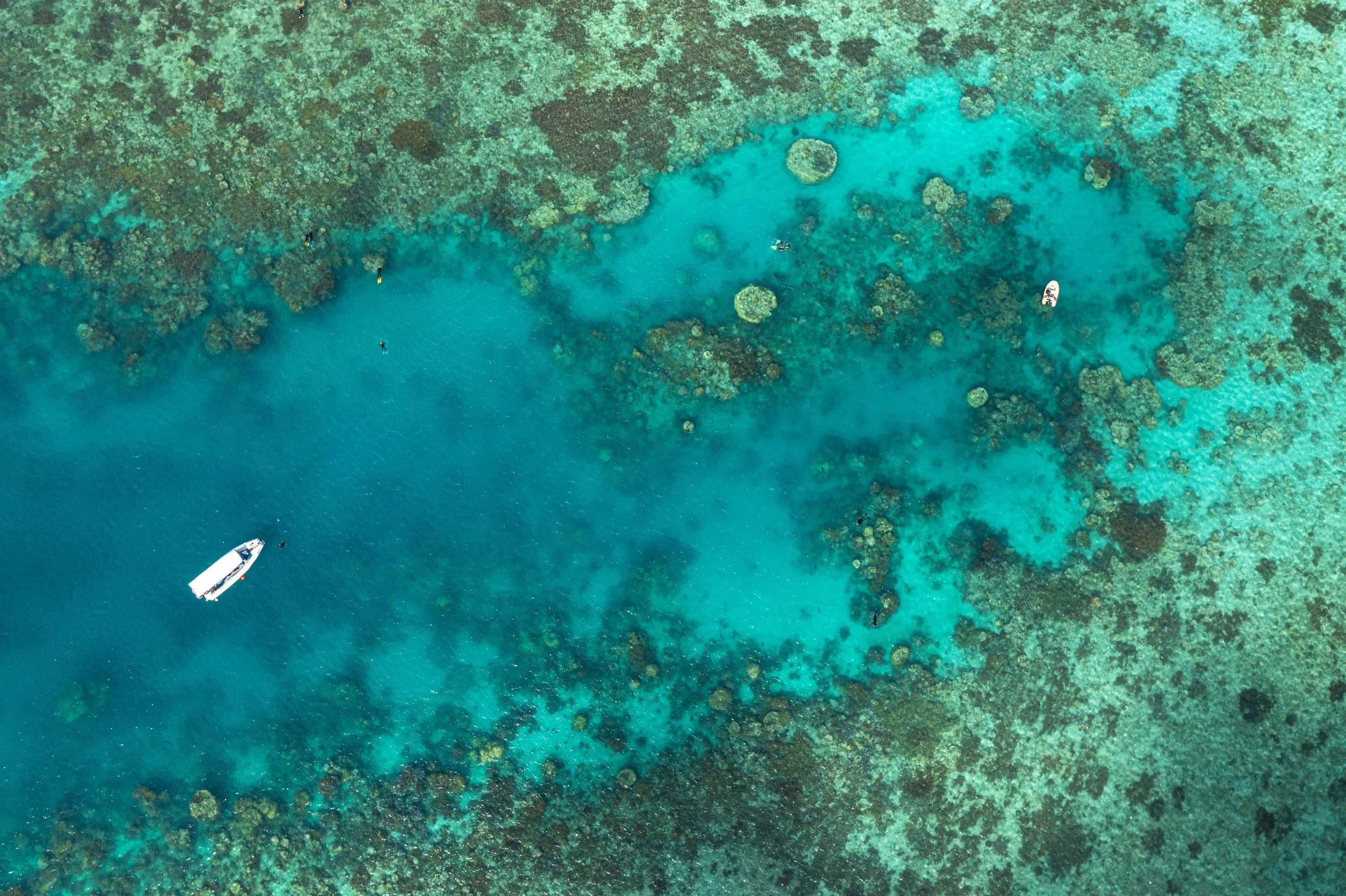 Aerial view of a private boat anchored in the turquoise waters of the Great Barrier Reef, Australia, with snorkelers swimming.