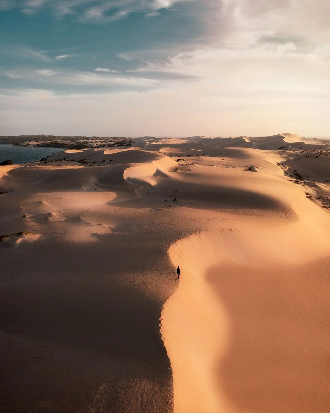 At Fowlers Bay on South Australia's Eyre Peninsular the sand dunes rise like sculpted waves, catching the low sun in a play of light and shadow. Standing on the peak, it is easy to feel both small and infinite, surrounded by endless curves of golden 