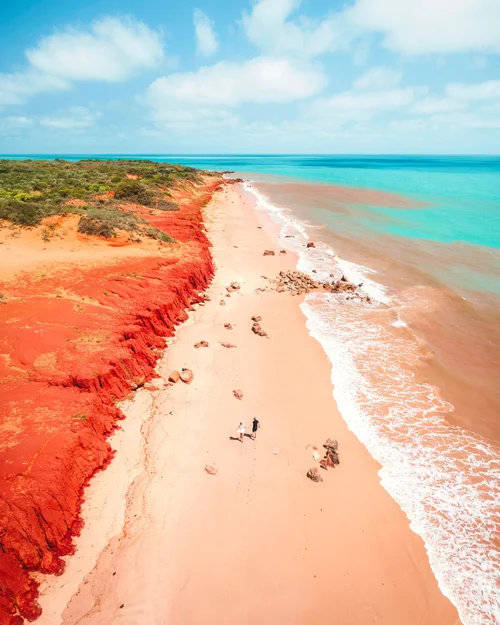 Aerial view of an Australian beach with striking red coastal cliffs, pale sand, turquoise water, and two people walking along the shoreline beneath a bright blue sky.