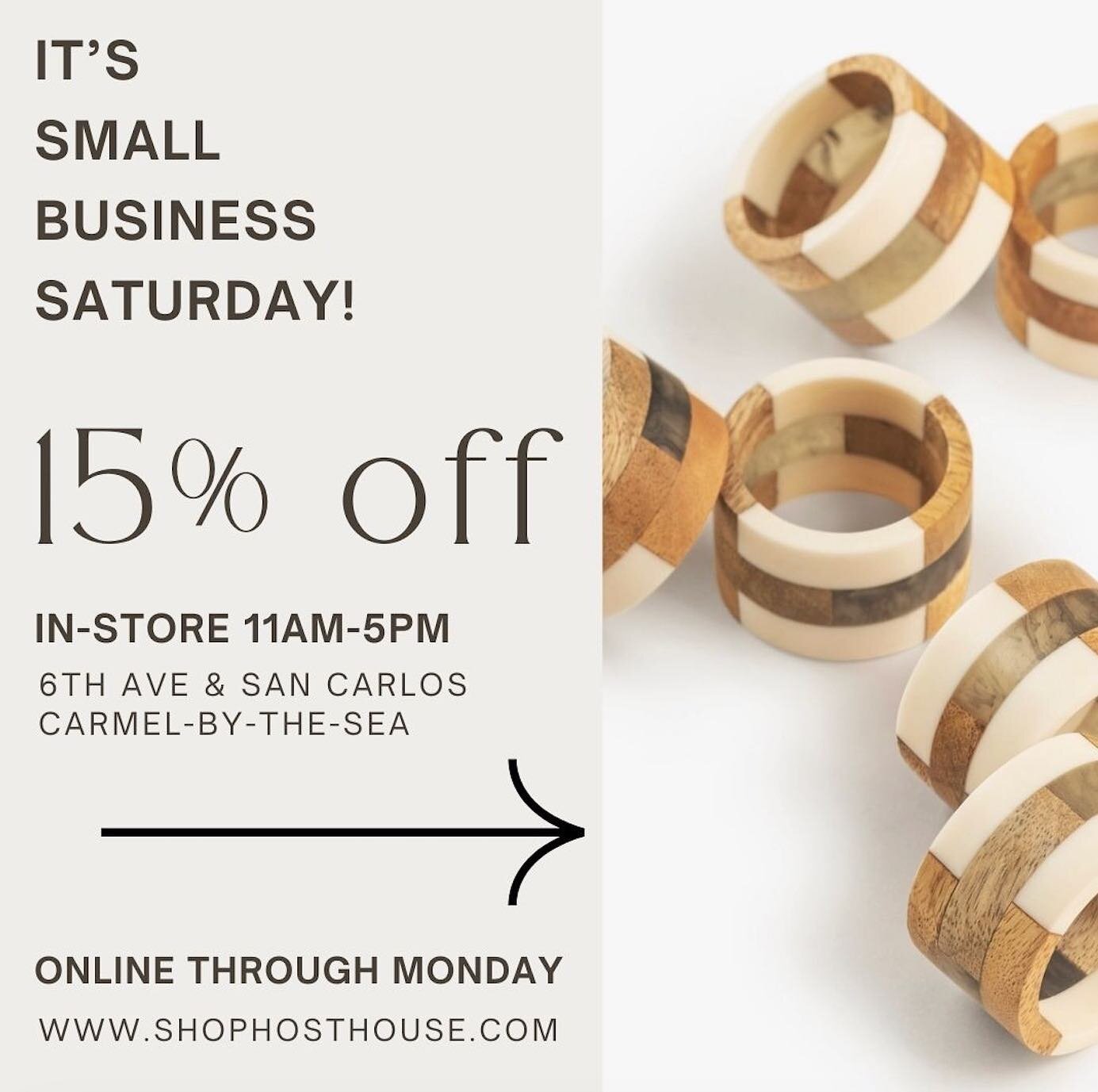 We are celebrating Small Business Saturday with 15% off in-store and online. Stop by today and say hello to Susan, 11am-5pm, in #carmelbythesea on 6th Ave at San Carlos! #shopsmall #shopsmallbusiness #shoplocal #hosthousecarmel #hosthouse