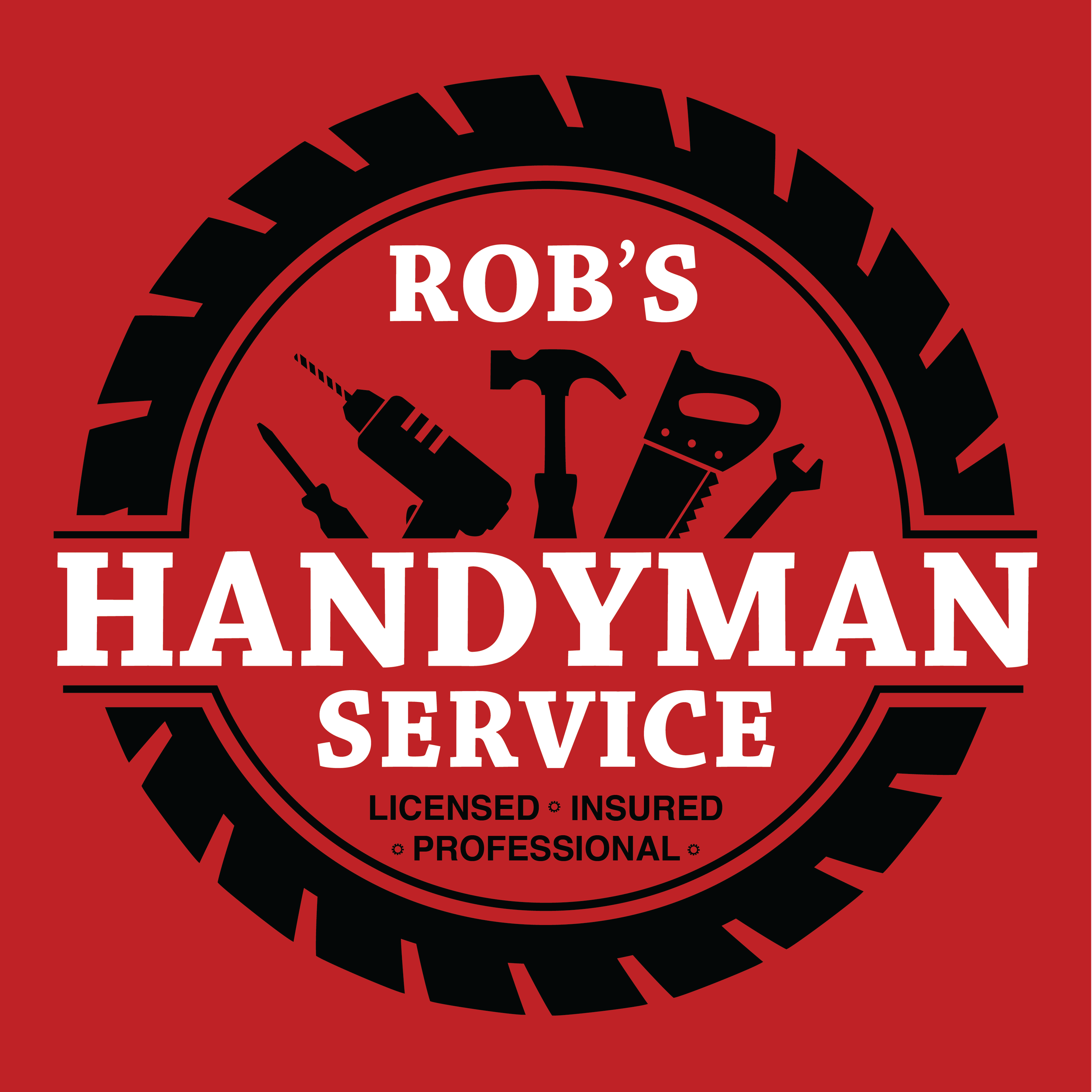 Logo for Rob's Handyman Service featuring tools like a screwdriver, drill, hammer, saw, and wrench in a circular design with a red background.