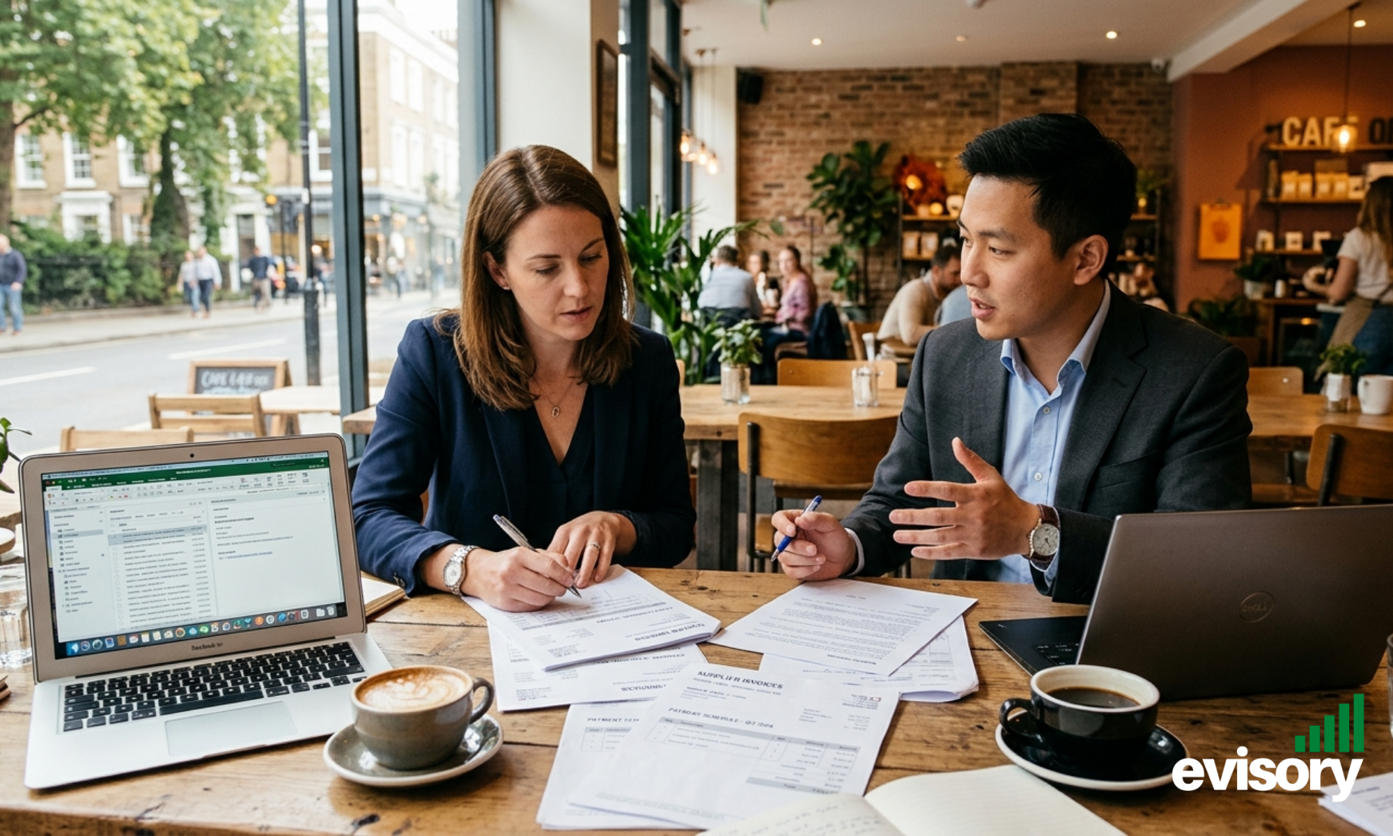 Hospitality business owner reviewing supplier invoices and payment terms